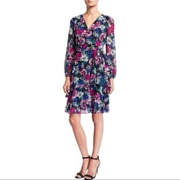 LAST CHANCE! Tahari by ASL Long Sleeve Clip Dot Chiffon Floral Dress Size 2 - Picture 2 of 13